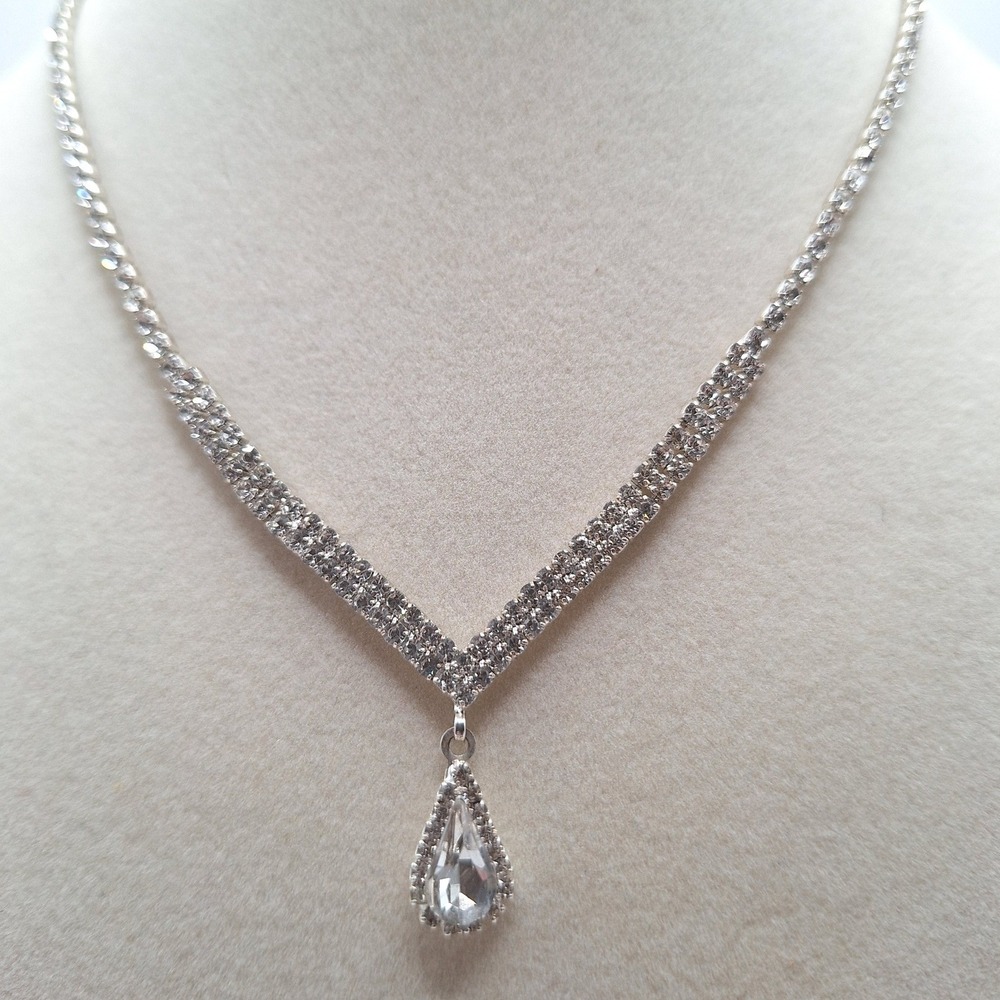 Vintage rhinestone chevron drop pendant necklace Bridal Pageant Hollywood Glam